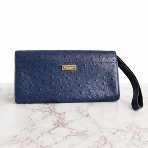 Kate Spade Navy Ostrich Embossed Leather Wallet Wristlet Gold Logo Slim Clutch